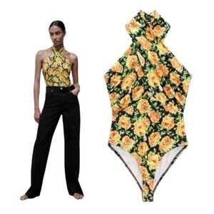 Zara Halter Top Bodysuit Size Small S Black Yellow Green Floral Twist Neck NWT